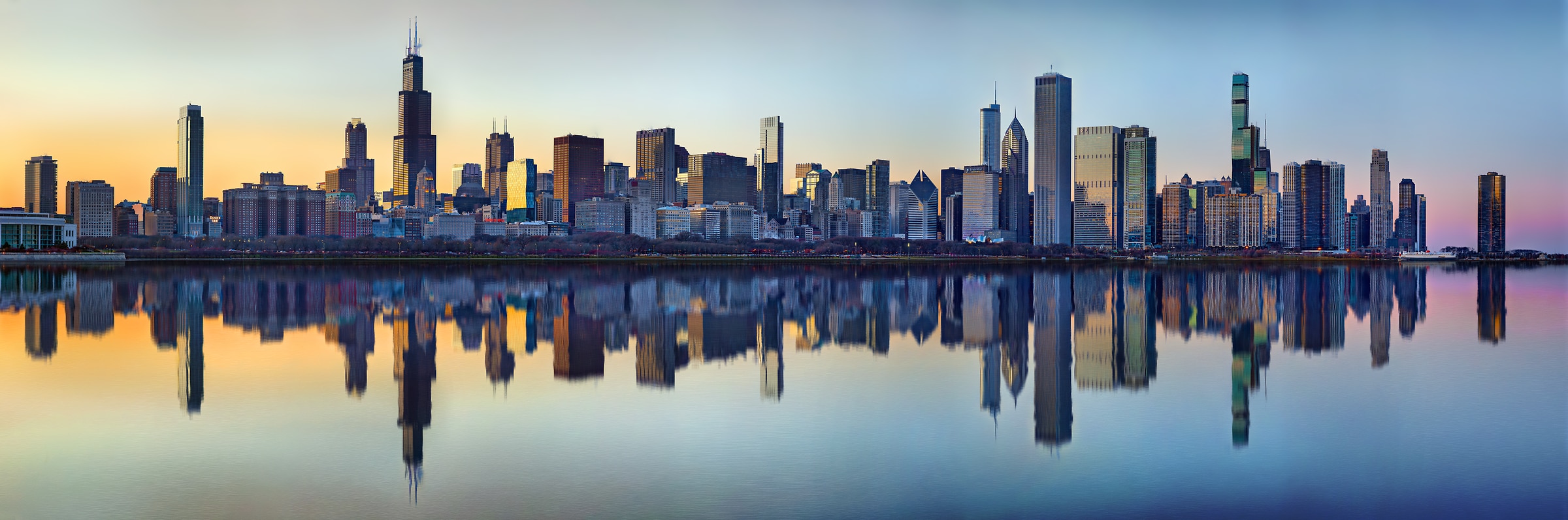 The Chicago skyline at sunset